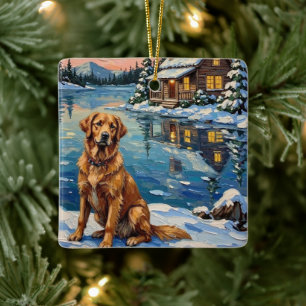 Ornamento De Cerâmica Golden Retriever Antigo à Beira do Lago no Natal