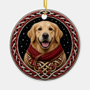 Ornamento De Cerâmica Golden Retriever Cachecol Vermelho Natal Celta