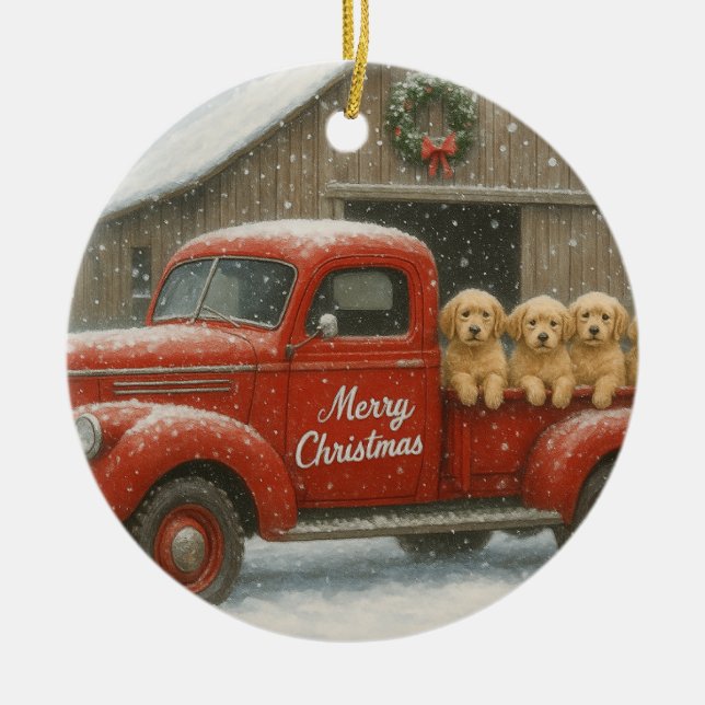 Ornamento De Cerâmica Golden Retriever Christmas Puppies in Old Truck (Frente)