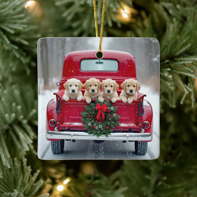 Ornamento De Cerâmica Golden Retriever Puppies In Christmas Truck (Árvore)