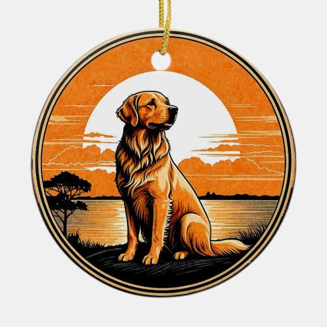 Ornamento De Cerâmica Golden Retriever Retro Sunset Dog Lover (Frente)