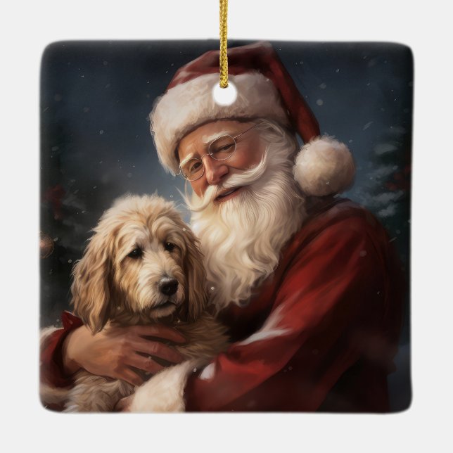 Ornamento De Cerâmica Goldendoodle com Papai Noel Natal Festivo (Verso)