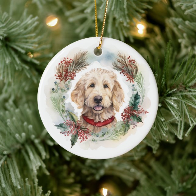 Ornamento De Cerâmica Goldendoodle Festivo Fúria Fúria Fúria Fúria Fúria (Árvore)