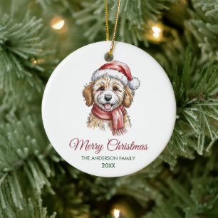 Ornamento De Cerâmica Goldendoodle Personalizado com Chapéu de Papai Noe