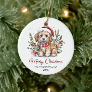 Ornamento De Cerâmica Goldendoodle Personalizado com Chapéu de Papai Noe