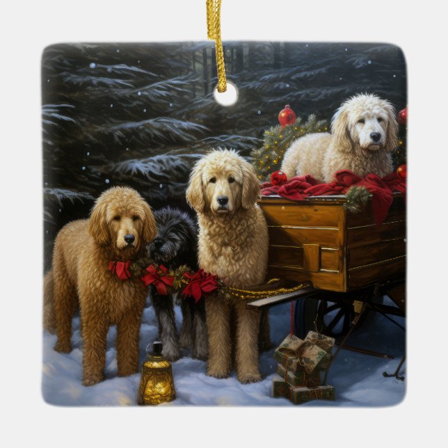 Ornamento De Cerâmica Goldendoodle Snowy Sleigh Decência de Natal (Frente)