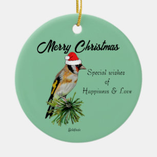 Ornamento De Cerâmica Goldfinch vestindo um Papai Noel