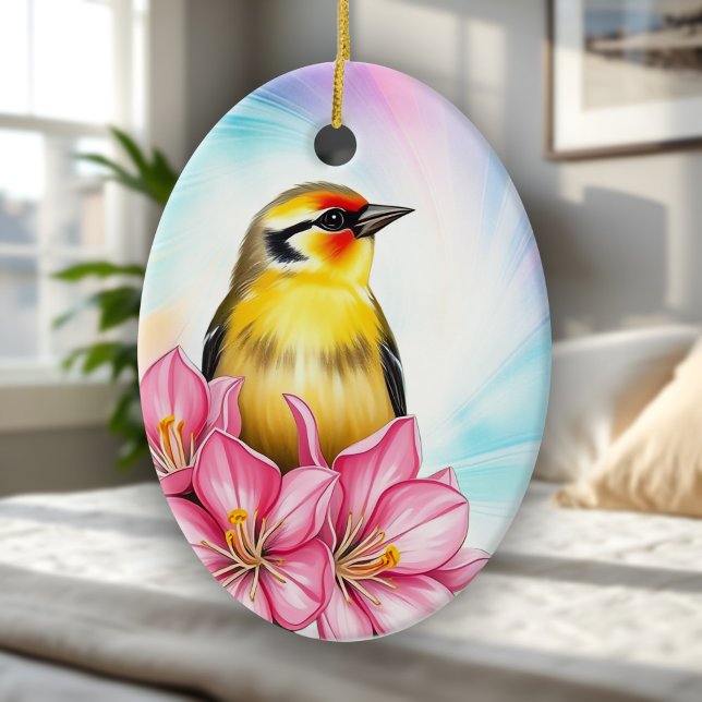 Ornamento De Cerâmica Goldfinch Washington State Bird Com Azaleas Rosa (Ornament of a Goldfinch perched among pink azalea flowers, a Spring songbird memento for bird lovers)