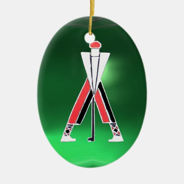 ORNAMENTO DE CERÂMICA GOLF PLAYER,GOLFER RED RUBY,GREEN EMERALD MONOGRAM (Frente)