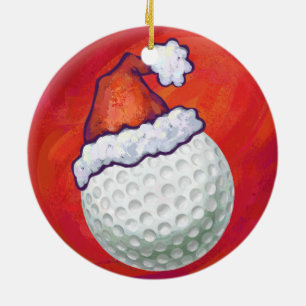 Ornamento De Cerâmica Golfe Ball em Santa Hat em Vermelho