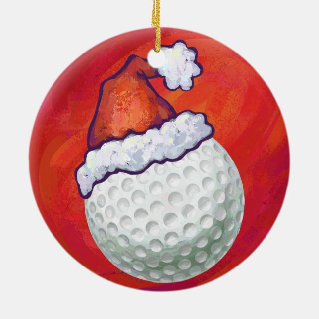 Ornamento De Cerâmica Golfe Ball em Santa Hat em Vermelho (Traseira)