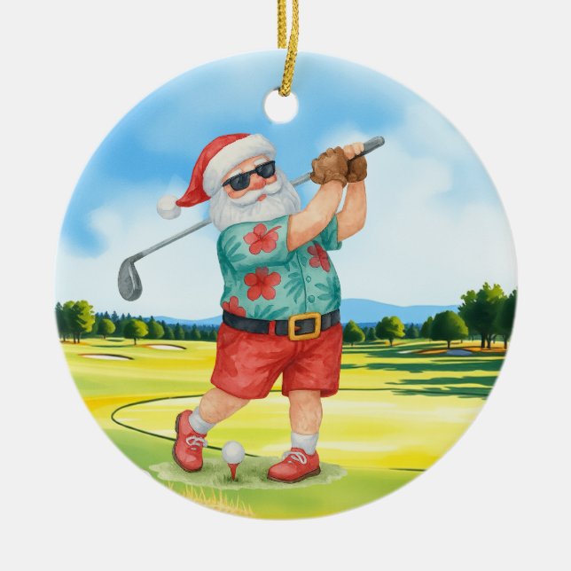 Ornamento De Cerâmica Golfe julho Natal com Papai Noel Golfing (Frente)