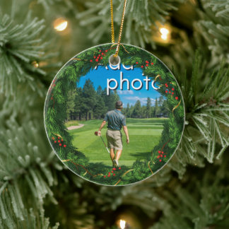 Ornamento De Cerâmica Golfing Wreath adiciona sua foto vermelha