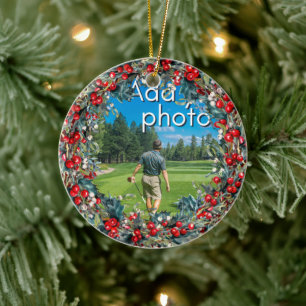 Ornamento De Cerâmica Golfing Wreath adiciona sua foto vermelha