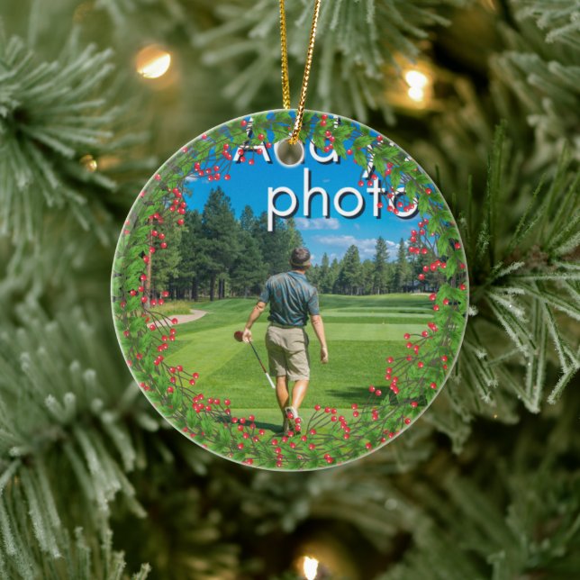 Ornamento De Cerâmica Golfing Wreath adiciona sua foto vermelha (Árvore)