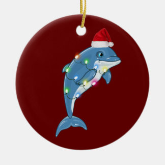 Ornamento De Cerâmica Golfinho com Luzes de Chapéu Natal