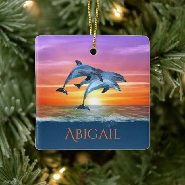 Ornamento De Cerâmica Golfinhos Personalizados Pulando no Oceano Natal (Árvore)
