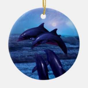 Ornamento De Cerâmica Golfinhos que jogam na árvore de Natal do oceano