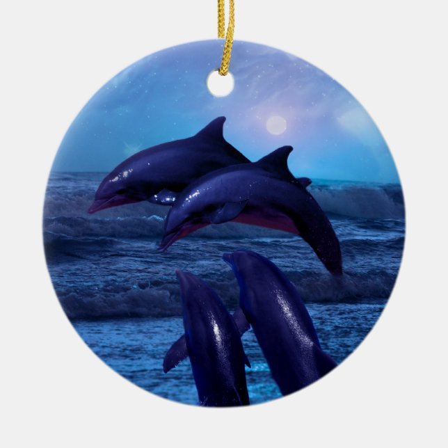 Ornamento De Cerâmica Golfinhos tocando na árvore de natal oceânica (Frente)