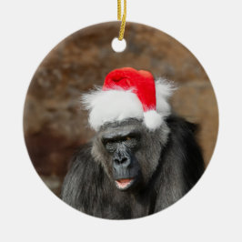 Ornamento De Cerâmica Gorilla Biddy em um Chapéu Festivo de Natal