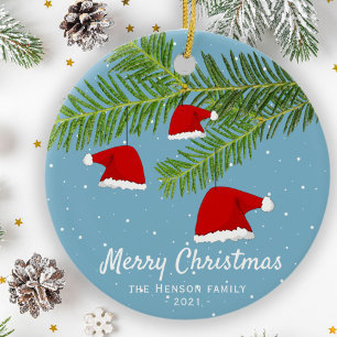 Ornamento De Cerâmica Gorro de Papai Noel Azul Festivo Galho de Pinheiro