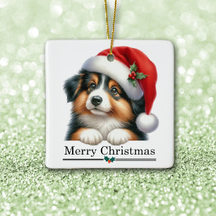 Ornamento De Cerâmica Gorro de Papai Noel Shetland Sheepdog Filhote Feli