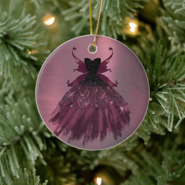 Ornamento De Cerâmica Gothic Fairy Fuchsia Gown | Magenta Rosa-Rosa-Boca (Árvore)