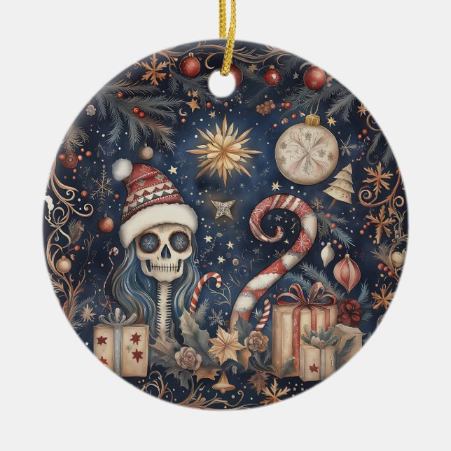 Ornamento De Cerâmica Gótica Natal Festivo Maluco Caveira (Frente)
