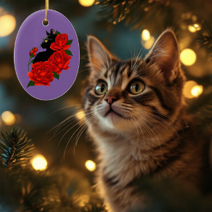 Ornamento De Cerâmica Gótico Gato Preto Rosas Vermelhas Roxo