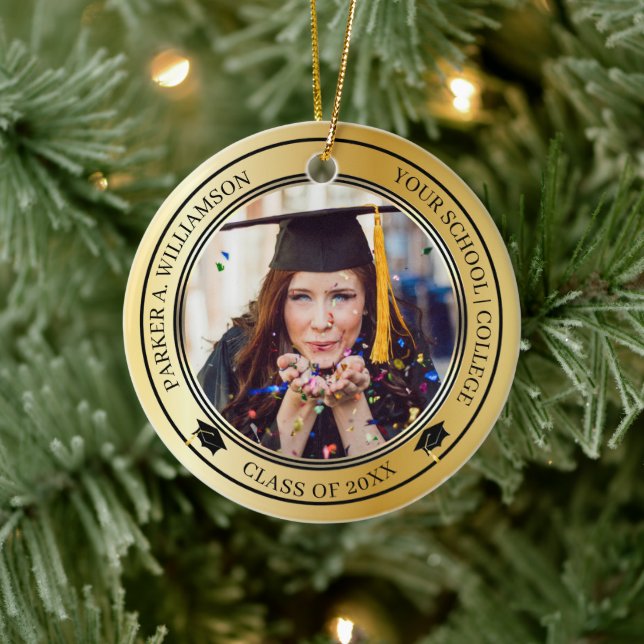 Ornamento De Cerâmica Graduação 2 Foto Dourada Tone Formando Classe Ano (Árvore)
