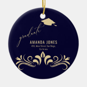 Ornamento De Cerâmica Graduação do Boné Dourado Azul do Marinho Moderno