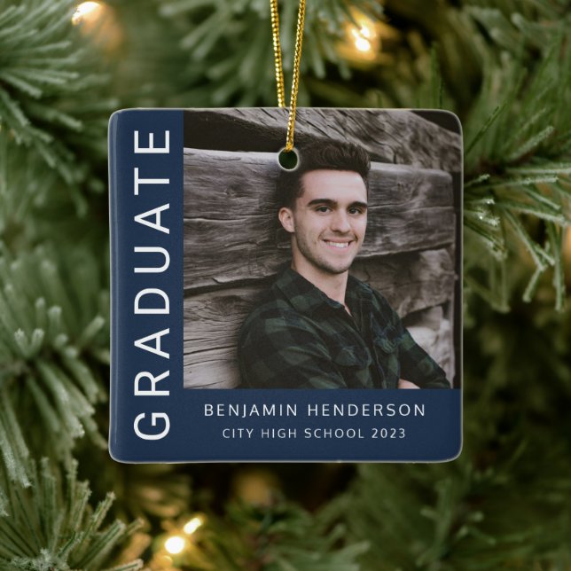 Ornamento De Cerâmica Graduação do Marinho Moderno Blue Photo Boy (Árvore)