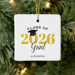 Ornamento De Cerâmica Graduado da Turma de 2026 Moderno Dourado e Preto