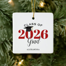 Ornamento De Cerâmica Graduado da Turma de 2026 Moderno Vermelho e Preto