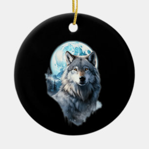 Ornamento De Cerâmica Gráfico da Lua do Lobo Uivando, Sob a Noite de Lua
