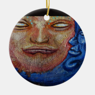 Ornamento De Cerâmica Grafite de face solar e lua