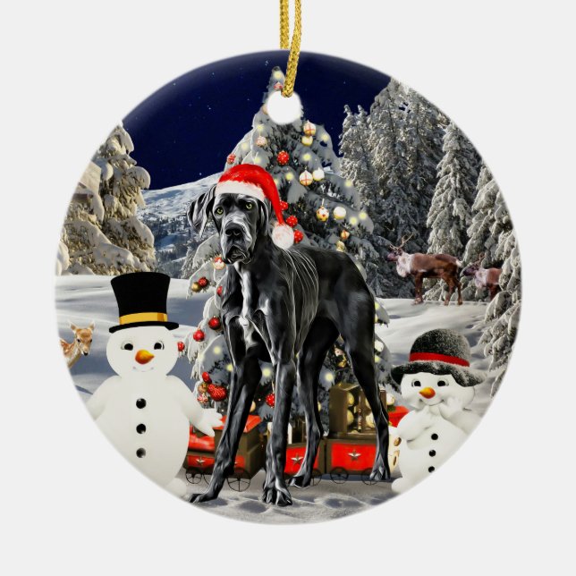 Ornamento De Cerâmica Grande Cachorro Na Neve, Luzes De Natal (Frente)
