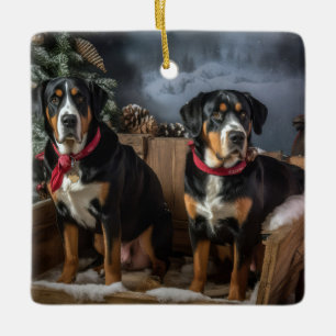 Ornamento De Cerâmica Grande Montanha Suiça Snowy Sleigh Natal