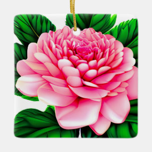 Ornamento De Cerâmica Grande Pensão Rosa com Folhas Verde Esmeraldas