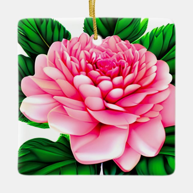 Ornamento De Cerâmica Grande Pensão Rosa com Folhas Verde Esmeraldas (Frente)