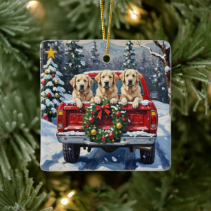 Ornamento De Cerâmica Grande Pyrenees Caminhão Vermelho de Natal Feriado