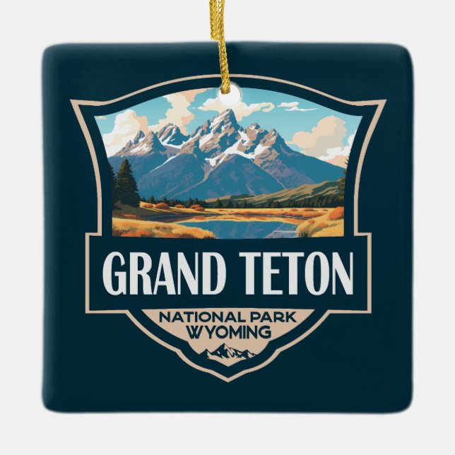 Ornamento De Cerâmica Grande Teton National Park Illustration Retro (Frente)