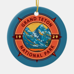 Ornamento De Cerâmica Grande Teton National Park Retro Compass Emblem
