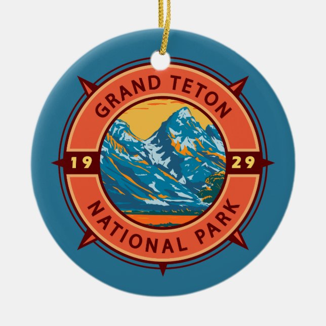 Ornamento De Cerâmica Grande Teton National Park Retro Compass Emblem (Frente)