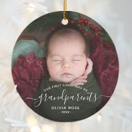 Ornamento De Cerâmica Grandparents First Christmas Photo White Script