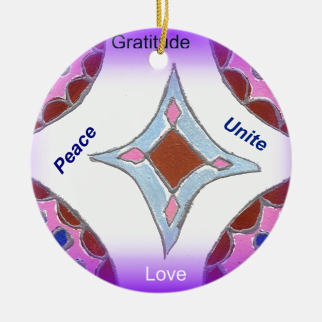 Ornamento De Cerâmica "Gratidão Paz Amor Unir" Mandala Art Impressão (Frente)
