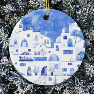 Ornamento De Cerâmica Grécia Santorini Watercolor Townscape