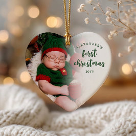 Ornamento De Cerâmica Green Baby’s First Christmas Photo Heart