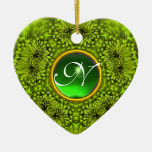 Ornamento De Cerâmica GREEN DAHLIA EMERALD MONOGRAM Heart
