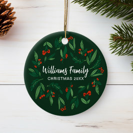 Ornamento De Cerâmica Green Holly Berry Personalized 2025 Christmas